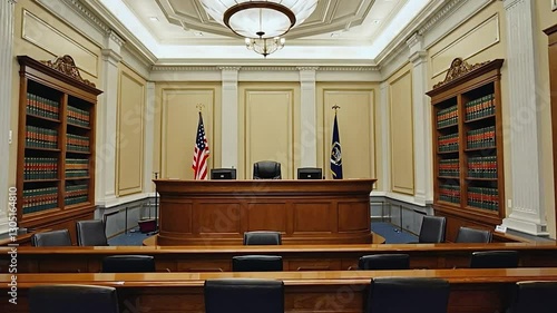 Empty courtroom with judge's bench, American flag, and law books