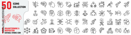 Brainstorming and inspiration editable stroke icons set featuring creativity, ideas,  innovation, strategy, problem-solving, lightbulb, design, thinking,  collaboration, solution, and motivation