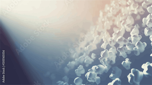 The image presents an abstract composition featuring numerous small, irregular white shapes against a predominantly blue background.  The white forms appear light and airy, suggesting a cloud-like