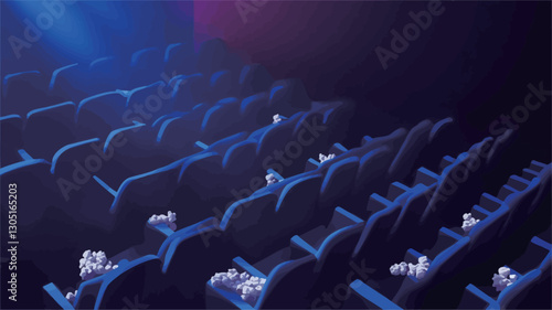 The image shows rows of empty blue theater seats in a dark room.  A single spotlight illuminates the seats from above, casting shadows.  The overall color palette is predominantly dark blue, with