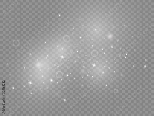 Dust sparks and stars shine with a special light. Christmas light effect. Glittering particles of magic dust.Vector sparkles on a transparent background.