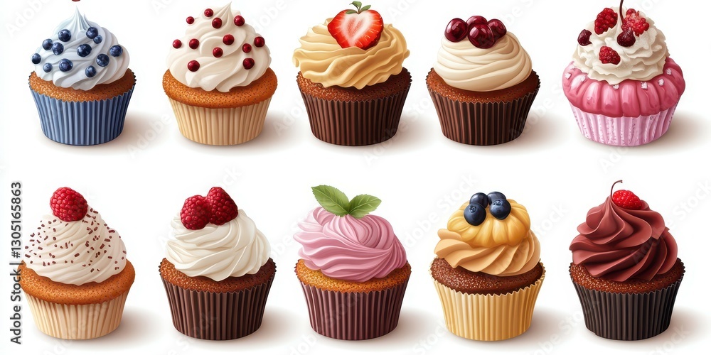 Colorful array of delicious cupcakes displayed on a white background with various toppings and icing styles Colorful array of delicious cupcakes displayed on a white background with various toppings and icing styles