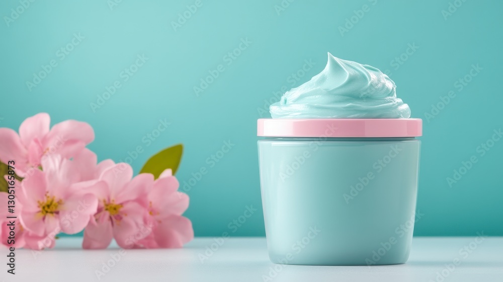 Light blue cosmetic cream in a jar with pink lid, next to delicate pink flowers on a white surface against a light teal background. Soft, smooth texture. Light blue cosmetic cream in a jar with pink lid, next to delicate pink flowers on a white surface against a light teal background. Soft, smooth texture.