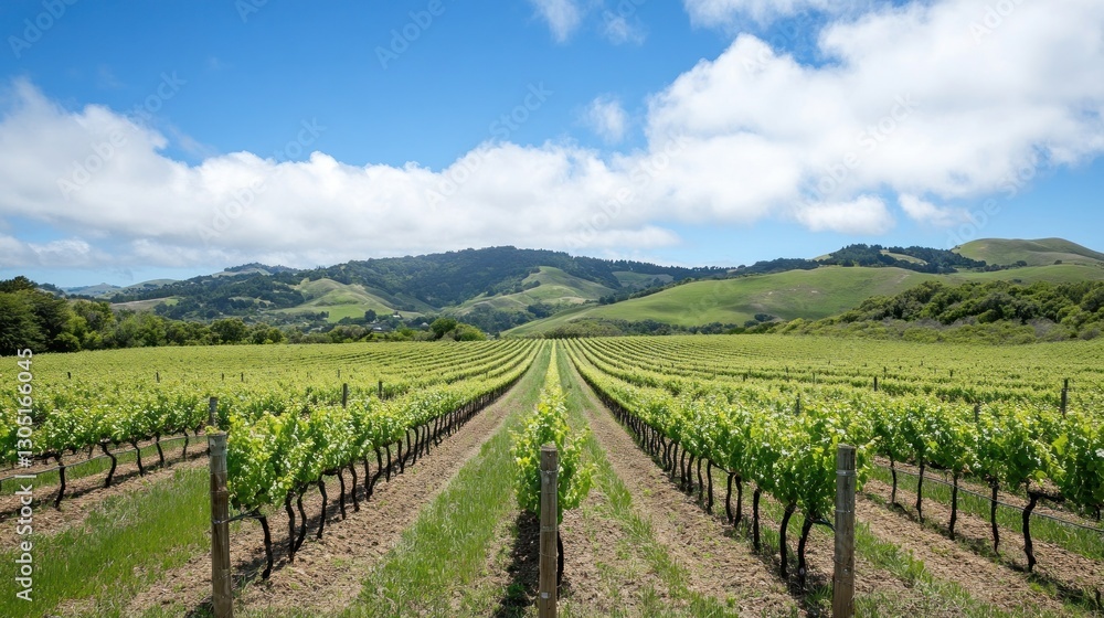 Fototapeta premium Vineyard Rows Stretch to Hills Under Clear Sky
