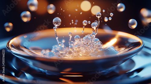 Fototapeta Naklejka Na Ścianę i Meble -  A realistic close-up animation of a futuristic plated dish with molecular gastronomy elements, glowing edible spheres, and levitating food particles enhanced by nanotechnology 
