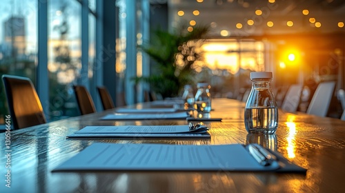 Modern conference room with water bottles and notes at sunset reflecting on a polished wooden table