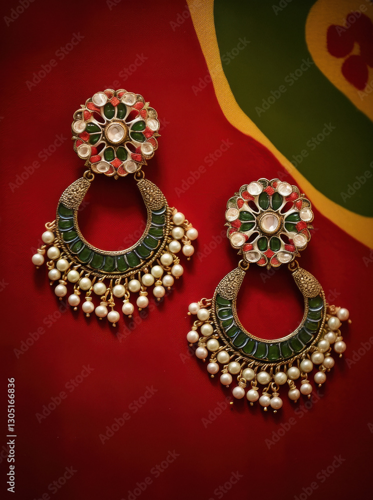 Obraz premium beautiful pair of earrings on red background