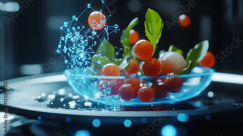 Fototapeta Naklejka Na Ścianę i Meble -  A realistic close-up animation of a futuristic plated dish with molecular gastronomy elements, glowing edible spheres, and levitating food particles enhanced by nanotechnology 