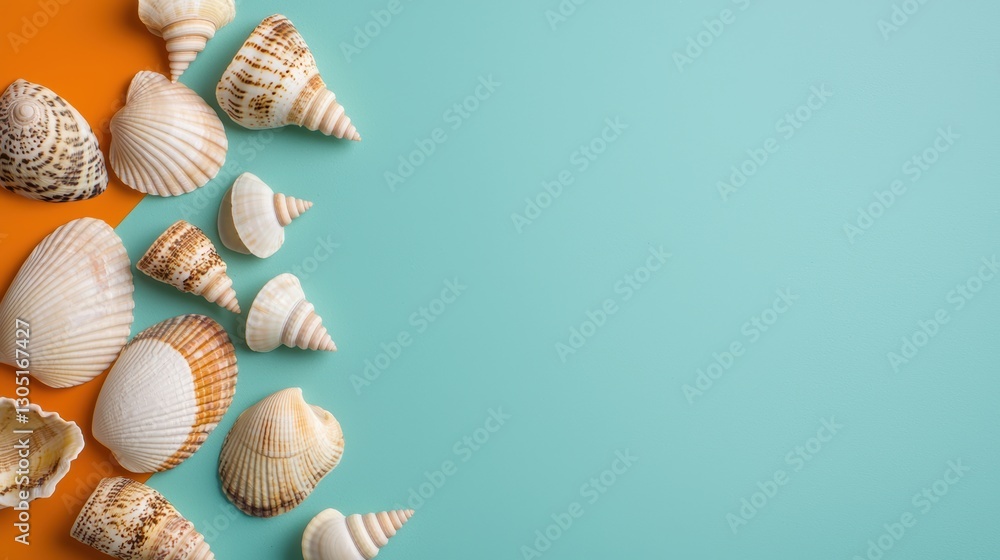 Whimsical arrangement of tropical seashells on a pastel background, symbolizing beach-inspired elegance Whimsical arrangement of tropical seashells on a pastel background, symbolizing beach-inspired elegance