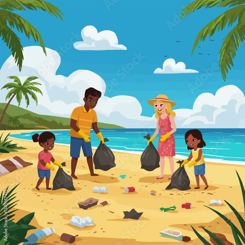 Family Beach Cleanup Together Picking Up Trash on Sunny Day