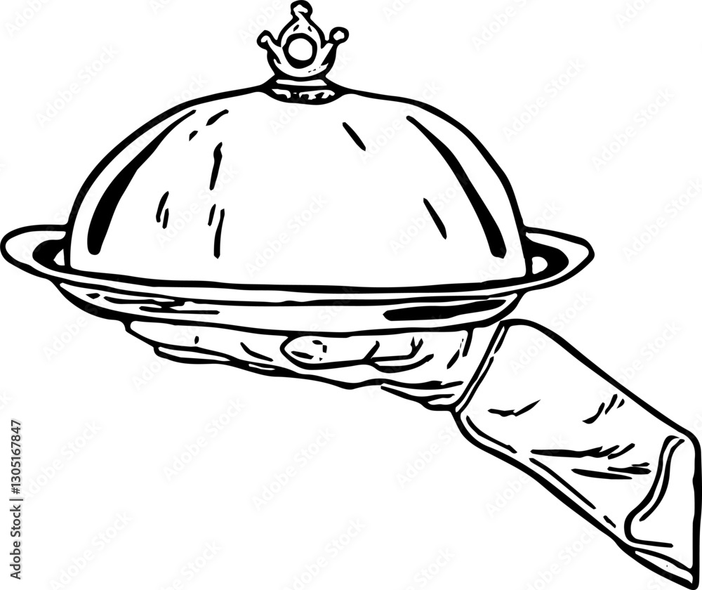 Fototapeta premium Hotel service. Hand drawn vector isolated sketch. Waiter’s hand with menu tray.