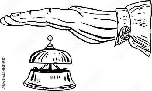 Hotel service. Hand drawn vector isolated sketch. Hand touch a bell to call a service.