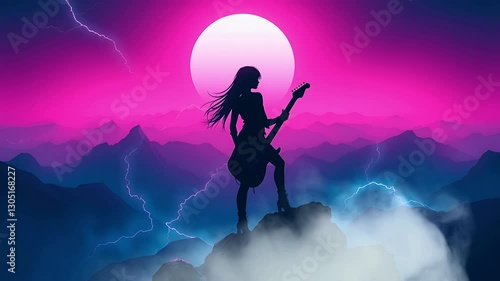 Wallpaper Mural Silhouette of a female guitarist playing on a mountaintop under a vibrant pink and purple sky with lightning and a large moon . seamless looping time lapse animation video background, anime  lofi art Torontodigital.ca
