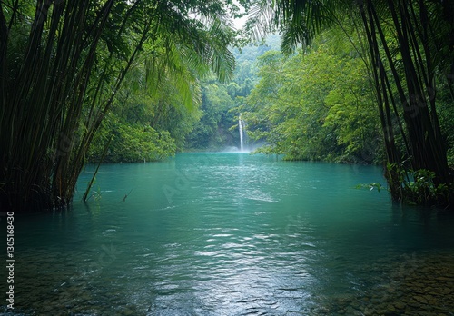 Tranquil Nature Scene with Lush Green Trees Surrounding Calm Blue Lake and Waterfall in Exotic Tropical Landscape