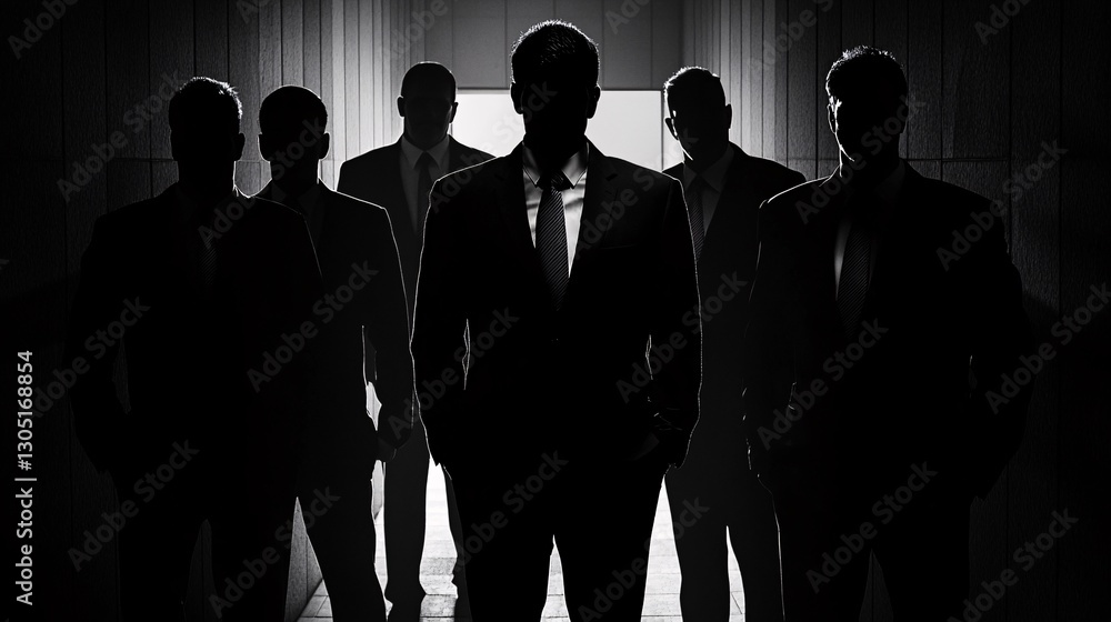 Fototapeta premium Shadowy businessmen in dark silhouette, mysterious corporate power