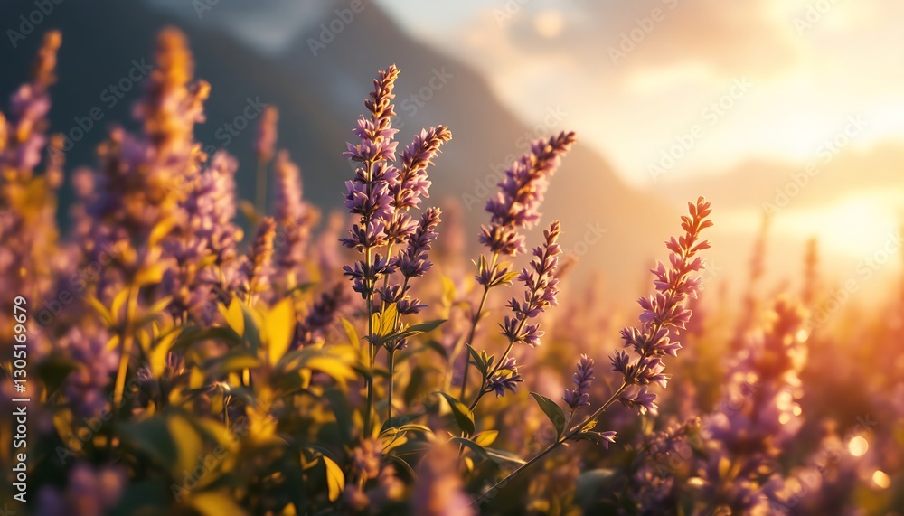 Obraz premium Blooming Lavender Field at Golden Hour with Mountain Backdrop Landscape