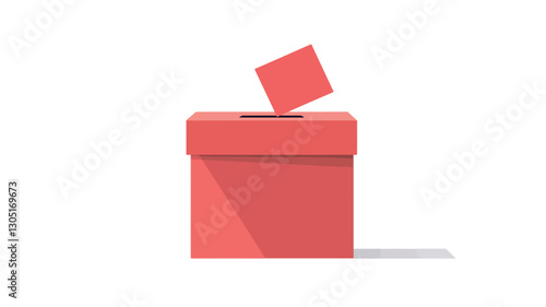 The image is a digital illustration of a red ballot box with a single ballot paper being dropped into the slot.  The style is minimalist flat design with a drop shadow to create depth. The colors