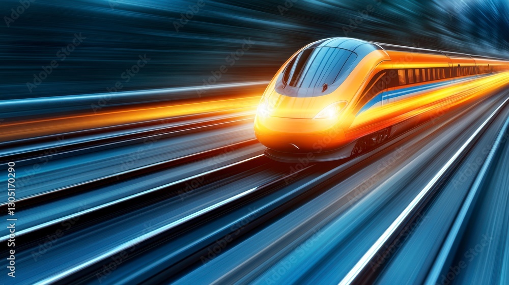 Fototapeta premium High speed train speeding through the night, dynamic motion blur, orange and yellow lights illuminating the tracks, dark background.