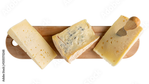 Cheese plate isolated on white background. Italian cheeses - caciotta with fenugreek, blue cheese and asiago on wooden board. Cheese platter. Top view.