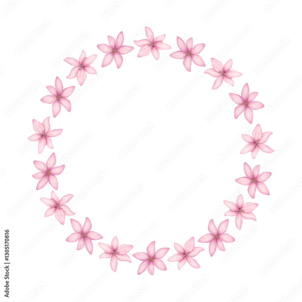 Pink hyacinth round frame. Spring flowers wreath in watercolor style isolated on white. Hand drawn design element for wedding invitations and greeting cards Pink hyacinth round frame. Spring flowers wreath in watercolor style isolated on white. Hand drawn design element for wedding invitations and greeting cards