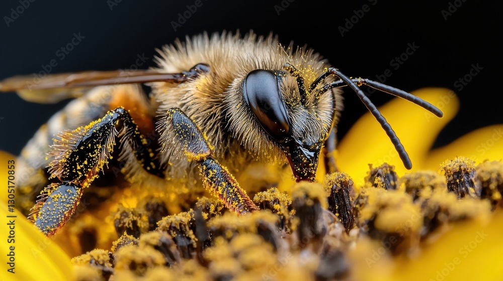 A detailed look at a bee working diligently to gather pollen from a colorful sunflower. The bright petals contrast with the bee's fuzzy body, showcasing nature's beauty during a warm day A detailed look at a bee working diligently to gather pollen from a colorful sunflower. The bright petals contrast with the bee's fuzzy body, showcasing nature's beauty during a warm day
