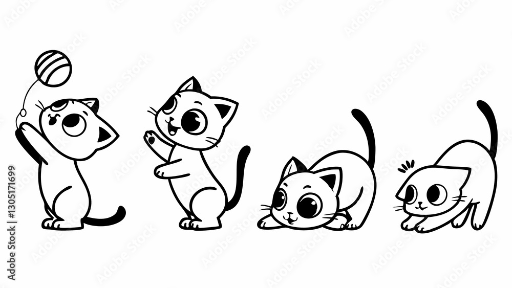 Fototapeta premium Playful Kittens in Various Poses with Ball Line Art Illustration Showing Joyful and Curious Expressions