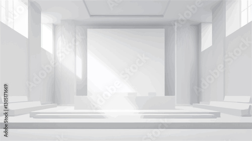 The image depicts a digitally rendered minimalist interior space.  The entire scene is rendered in shades of white, featuring a large, blank vertical canvas as a focal point.  The room is spacious,