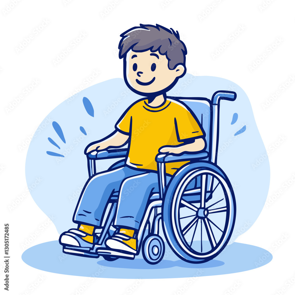 Garçon en fauteuil roulant souriant, geste de la main, fond bleu Garçon en fauteuil roulant souriant, geste de la main, fond bleu