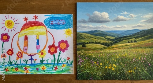 A drawing of a girl holding a flower and a landscape painting of a field. The drawing is colorful and playful, while the painting is serene and peaceful