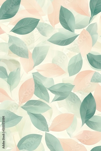 A peppermint-inspired pattern with overlapping leaves, soft pastel colors, and a seamless flow