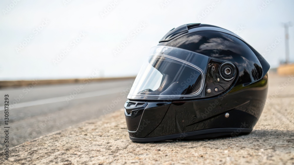 Fototapeta premium Black Motorcycle Helmet on Roadside