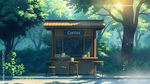 Wallpaper Mural Sunlit Park Coffee Kiosk A Summer Morning's Refreshment . seamless looping time lapse animation video background, anime  lofi art Torontodigital.ca