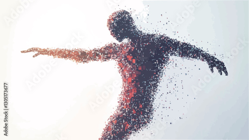 The image depicts an abstract human form rendered in a multitude of small, multicolored particles. The figure appears to be in motion, with arms outstretched. The particles are denser in the