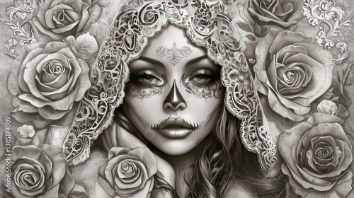 A woman with skull makeup surrounded by detailed roses