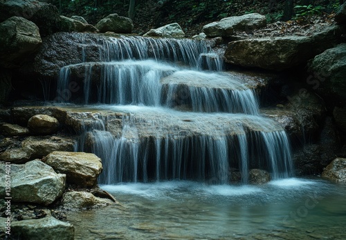 Tranquil Waterfall Cascading Over Rocky Steps in a Serene Forest Setting Surrounded by Lush Greenery and Gentle Nature Sounds for Relaxation and Peace