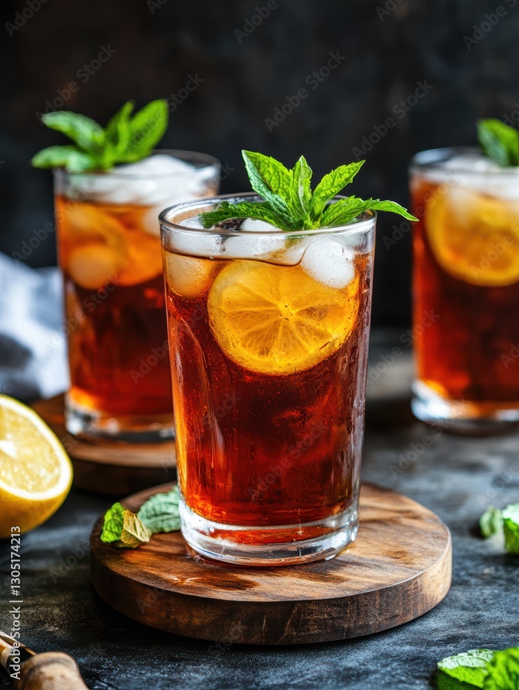 Refreshing summer ice tea with lemon and mint captured in a cozy kitchen setting realistic photo inviting atmosphere Refreshing summer ice tea with lemon and mint captured in a cozy kitchen setting realistic photo inviting atmosphere