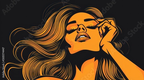 A stylized illustration portrays a woman applying makeup with closed eyes
