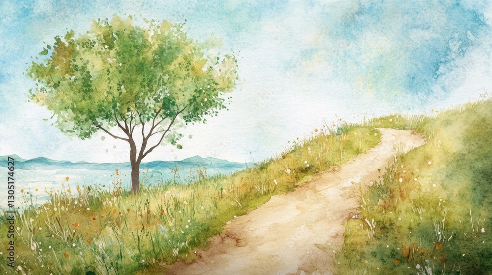 Summer green landscape watercolor scene serene pathway nature artwork tranquil environment artistic viewpoint outdoor concept Summer green landscape watercolor scene serene pathway nature artwork tranquil environment artistic viewpoint outdoor concept