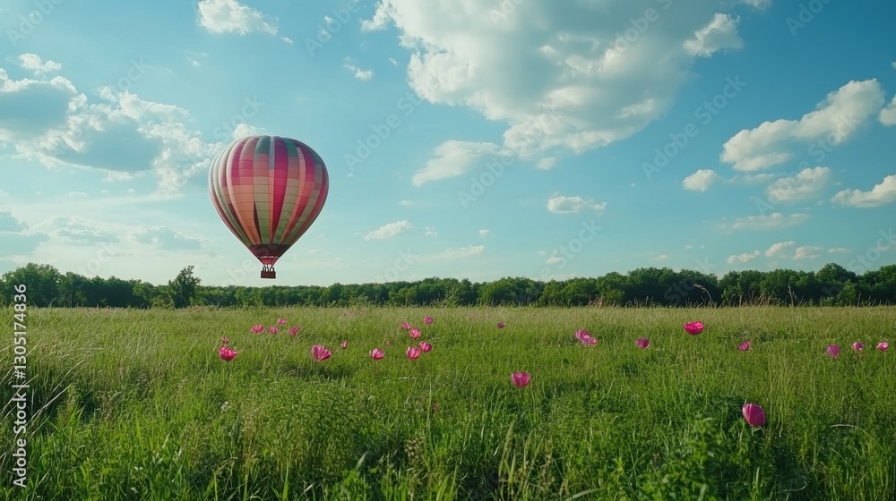 Naklejka premium Summer hot air balloon adventure over blooming fields scenic landscape travel photography open sky daylight bliss