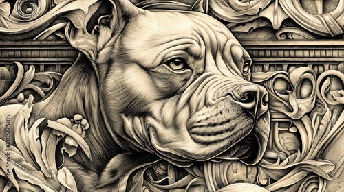 Detailed artistic rendering of a dog among ornate floral details