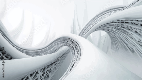 The image is a digital rendering of abstract, swirling forms in shades of white and grey.  The forms are composed of interwoven, lattice-like structures that create a sense of depth and movement.