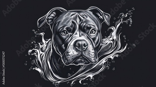 A detailed monochrome drawing of a canine head and water
