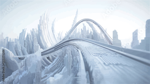 The image presents a digitally rendered, abstract landscape rendered in various shades of white and light gray.  The dominant feature is a curving path that snakes through a stylized, textured