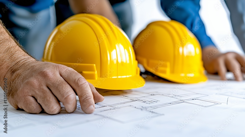 Construction Workers Reviewing Blueprints with Yellow Hard Hats Construction Workers Reviewing Blueprints with Yellow Hard Hats
