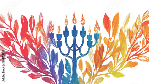 A digital illustration depicts a menorah with seven lit candles rendered in a rainbow of colors. The menorah is positioned centrally, flanked on either side by stylized rainbow-colored branches or