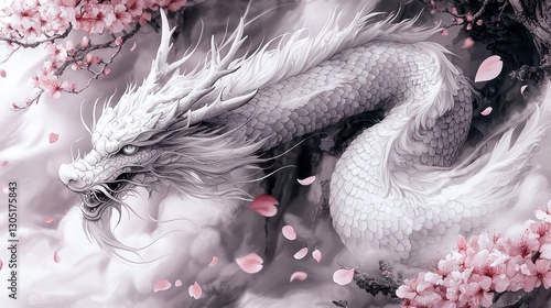An elegant white dragon floats amidst blossoming cherry tree branches