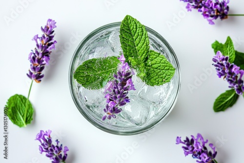 Peppermint and lavender blended in a refreshing herbal drink, styled with vibrant accents and a clean background photo