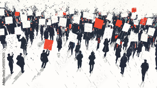 High-angle, stylized illustration depicting a large crowd of people participating in a demonstration or protest.  The figures are largely silhouetted in dark tones against a lighter background,