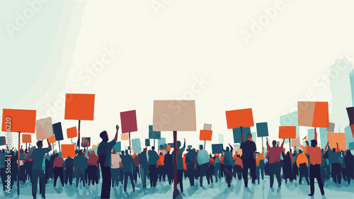 The image depicts a large crowd of stylized people, rendered in shades of blue, teal, and orange, holding up various colored rectangular signs.  The figures are silhouetted, lacking distinct facial