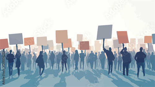The image is a stylized illustration depicting a large crowd of people holding signs.  The figures are rendered as silhouettes in shades of blue and brown, lacking individual detail.  The signs are